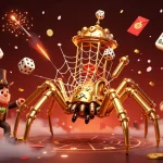 Illustration dynamique avec une araignée steampunk dorée tissant une toile, représentant le casino en ligne le plus payant.