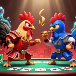 Les coqs de combat illustrant le casino en ligne retrait instantané face à une ambiance dynamique et colorée.