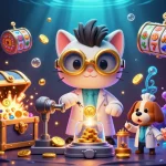 Illustration d'un chat scientifique fou dans un casino, créant des pièces d'or, représentant casino en ligne retrait instantané.