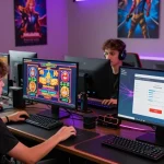 Exciting gaming scene depicting players enjoying situs judi slot on modern desktops, showcasing energy and colorful graphics.