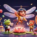 Illustration d'un casino en ligne retrait instantané avec un pilote de libellule, un croupier grenouille et des musiciens de jazz.