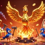 Visuel captivant d'un casino en ligne retrait instantané avec un phénix doré entouré de symboles de machines à sous.