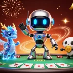 Profitez des jeux de casino en ligne argent réel avec une illustration dynamique mettant en scène des robots et des dragons.