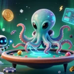 Casino en ligne retrait instantané : pieuvre extraterrestre jouant au poker avec un robot, décor galactique dynamique.