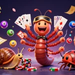 Illustration 3D d'un casino en ligne retrait instantané avec un croupier millipède et des éléments de jeu colorés.