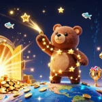 Jouez au casino en ligne retrait instantané avec une scène magique d'ours constellation, pièces et trésors scintillants.