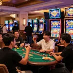 Friends celebrating at a lively casino, enjoying slot gacor hari ini with vibrant lights and excitement