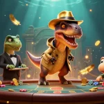 Les personnages du casino en ligne le plus payant animent une scène colorée de jeu avec un velociraptor.