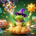 Experience thrilling gaming with XO88 as the wizard frog conjures golden coins in this vibrant casino illustration.