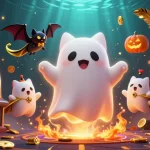 Jouez à casino en ligne France avec un chat fantôme et une chauve-souris au casino hanté.