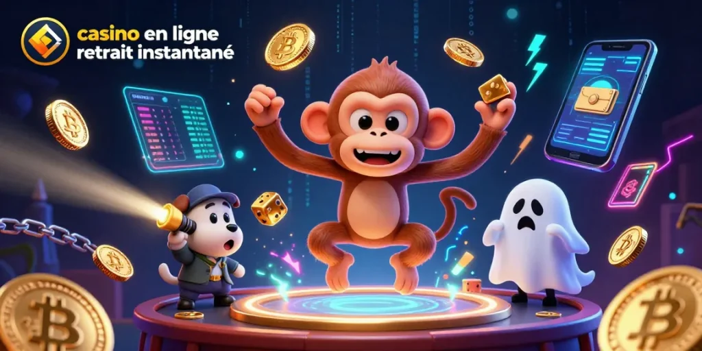 Casino en ligne retrait instantané: Illustration dynamique avec un singe poltergeist et un chiot chassant des trésors dans un casino hanté.