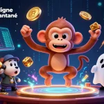 Casino en ligne retrait instantané: Illustration dynamique avec un singe poltergeist et un chiot chassant des trésors dans un casino hanté.