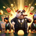 Visuel captivant d'un casino en ligne retrait instantané avec un bulldog mafia et des éléments de jackpot.