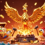 Illustration dynamique d'un phoenix doré, représentant le casino en ligne le plus payant, explosant de pièces et de trésors.