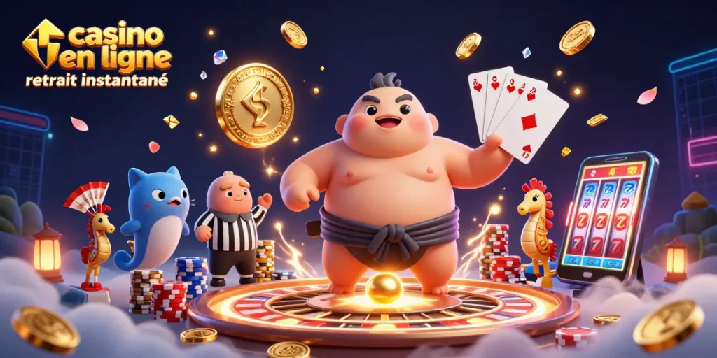 Profitez d'un casino en ligne retrait instantané avec des personnages de jeu dynamiques illustrés.