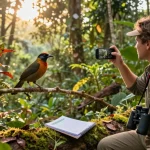 Wildlife conservationist observing native flora and fauna in Indonesia, showcasing biodiversity through rokok88 slot.