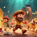 Illustration dynamique de casino en ligne le plus payant avec des personnages de la préhistoire et des éléments de jeu.
