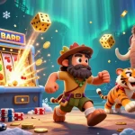Casino en ligne retrait instantané : Détail d'une illustration 3D d'un duo de caveman et tigre de sabre à un casino préhistorique dynamique.