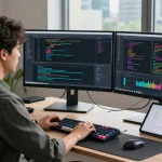 Programmer utilizing NAGA2000 in a modern workspace with multiple monitors and coding equipment