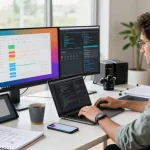 Software developer using the rti scheduler in a bright, modern workspace with tech gadgets.