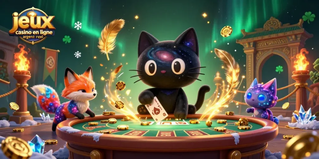 Jouez à des jeux de casino en ligne argent réel avec un chat noir en trou noir et un renard nébuleux entourés de jetons en or.