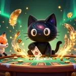 Jouez à des jeux de casino en ligne argent réel avec un chat noir en trou noir et un renard nébuleux entourés de jetons en or.