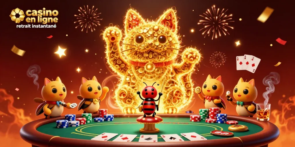 Plongez dans l'univers captivant du casino en ligne retrait instantané avec des symboles animés et des feux d'artifice.