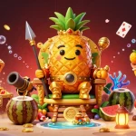 Profitez d'un casino en ligne retrait instantané avec un roi ananas et ses gardes sur une plage colorée.