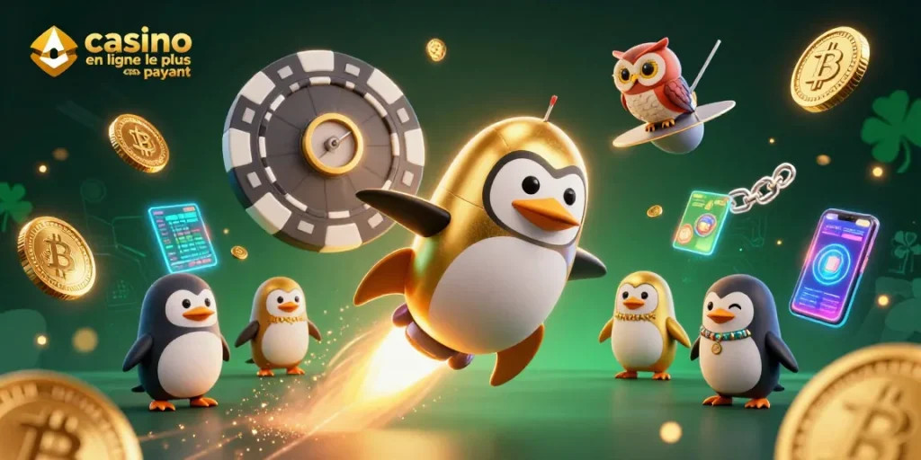 Le casino en ligne le plus payant présent dans une illustration 3D captivante avec un pingouin doré et des éléments de jeu dynamiques.