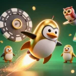 Le casino en ligne le plus payant présent dans une illustration 3D captivante avec un pingouin doré et des éléments de jeu dynamiques.