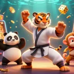 Scène animée illustrant le casino en ligne avec retrait immédiat, avec un tigre maître kung fu et ses disciples.