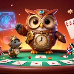 Jouez à casino en ligne retrait instantané avec une illustration dynamique d'un hibou voyageur du temps au casino.