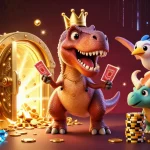 Illustration animée de casino en ligne le plus payant avec T-Rex jouant aux cartes, accompagné d'un ptérodactyle.