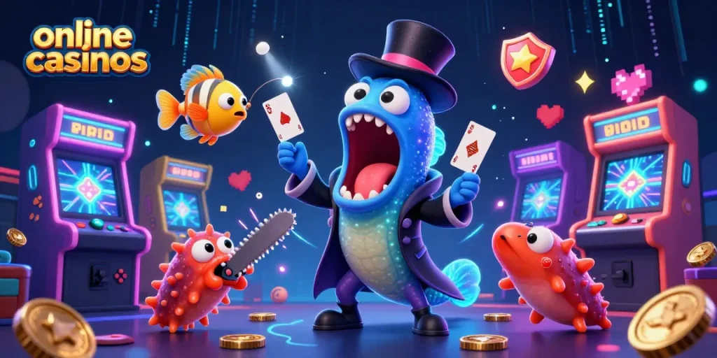 Experience online casinos with a glowing 3D presentation of magical underwater characters and gaming activities.