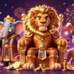 Venez découvrir le monde du casino crypto avec un roi lion majestueux et des éléments de jeu colorés.