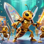 Ce visuel illustre le casino en ligne retrait instantané avec un hornet géant samouraï et des éléments de machines à sous.