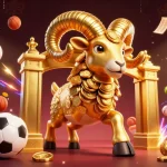 Experience the excitement of the best online casinos with a dynamic 3D illustration showcasing a golden ram charging through a grand gate.