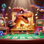 Un amusant pachycephalosaurus interagissant avec une machine à sous dans un casino crypto animé.