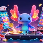 Profitez d'un spectacle vibrant d'un axolotl DJ et de crevettes dansant, illustrant un casino en ligne retrait instantané.