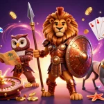 Casino en ligne retrait instantané : illustration de jeux de casino, lion guerrier et casino dynamique.
