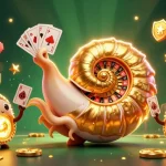Illustration dynamique de casino en ligne retrait instantané avec un nautilus géant et des éléments de jeux colorés.