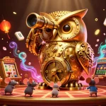 Jouez au casino en ligne retrait instantané avec une illustration d'un hibou doré et des machines à sous animées.