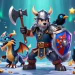 Jouez au casino en ligne retrait instantané avec un loup viking, un dragon et des machines à sous colorées.
