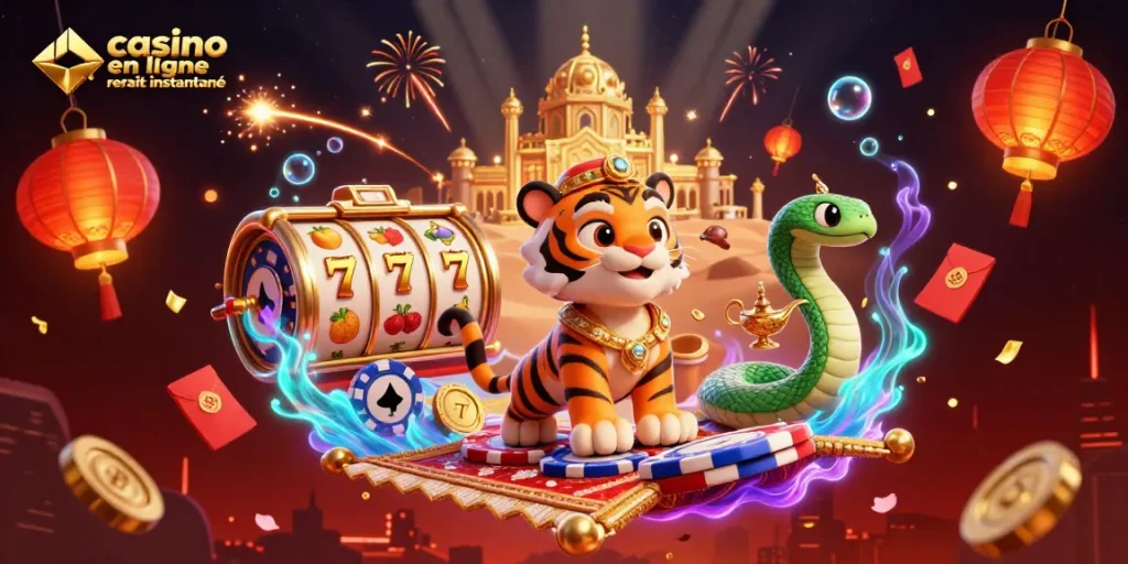 Découvrez les options de casino en ligne retrait instantané avec un sultan sur tapis volant entouré de chances et de jeux.