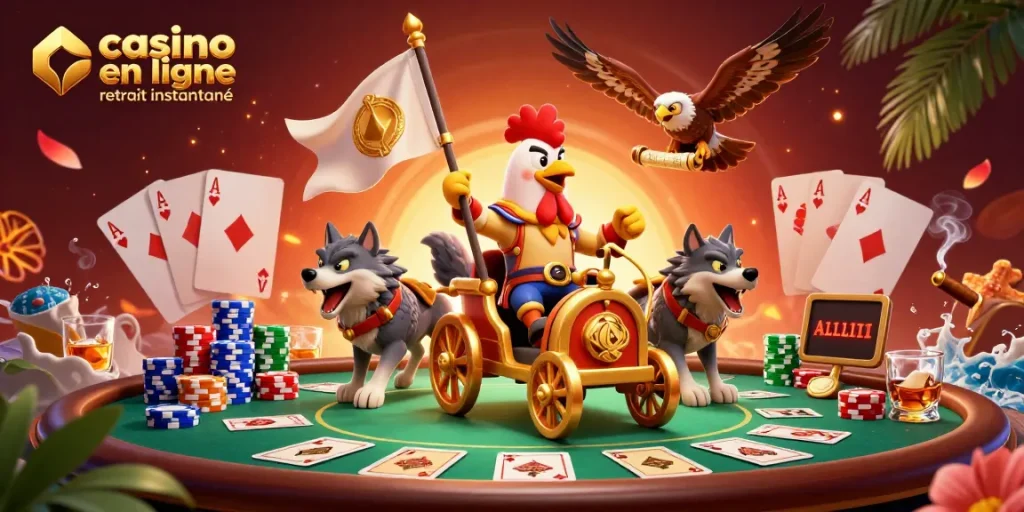 Action immersive dans un casino en ligne retrait instantané avec un roi coq guerrier et des éléments de jeu captivants.