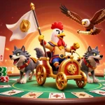Action immersive dans un casino en ligne retrait instantané avec un roi coq guerrier et des éléments de jeu captivants.