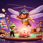 Jouez au casino en ligne retrait instantané avec un pilote de libellule et un croupier grenouille dans un cadre dynamique.