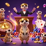 Casino en ligne retrait instantané : mangoustes animées gérant un casino avec des jetons et une roulette.