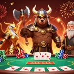 Jouez à casino en ligne retrait instantané avec des personnages épiques entourés de jetons de poker et de confettis.