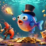 Jouez dans le casino en ligne retrait instantané avec cette illustration colorée incluant des poissons et des jetons dorés.